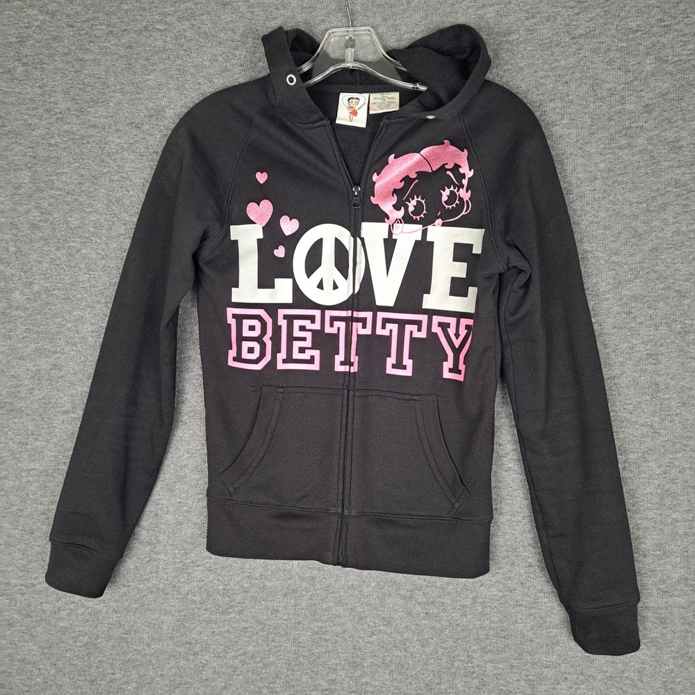 Betty Boop Hoodie Women XS Black Peace Love Graphic Full Zip Fleece